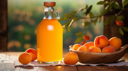apricot juice in a clear flask golden apricot juice on wooden table