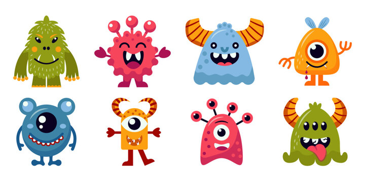 Cute Halloween Monsters icon big set. Happy Halloween. Funny head face colorful silhouette. Cute cartoon kawaii baby character. Eyes, horn, teeth fang tongue, wings. Flat design.