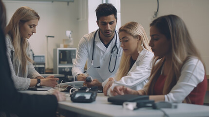 Fototapeta premium A student in medical training uses a modern blood pressure device