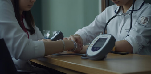A student in medical training uses a modern blood pressure device
