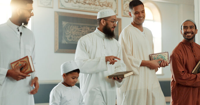Islam, smile and group of men in mosque with child, mindfulness and gratitude in faith. Worship, religion and Muslim people together in holy temple for conversation, spiritual teaching and community.