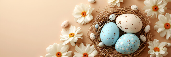 Greeting card for Easter, with Easter eggs in a nest on a beige background. Banner with copy space.