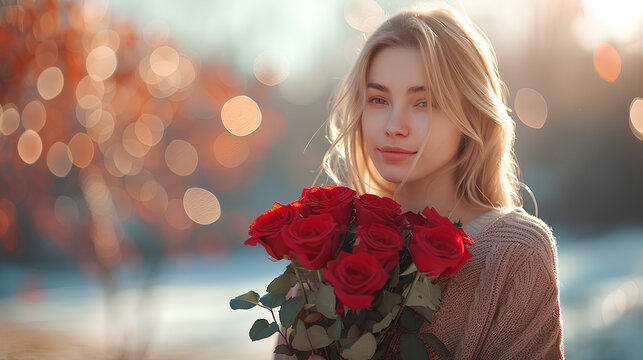 photo of a model woman holding roses with a valentine background