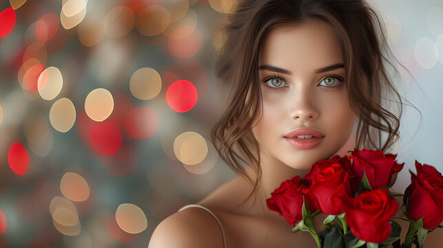 photo of a model woman holding roses with a valentine background
