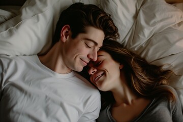 Fototapeta na wymiar Couple In Love Awakens On Cozy White Bed, Sharing Tender Moment