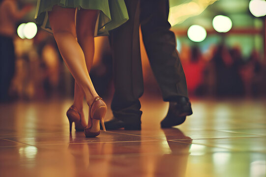 People are having fun at dance training, ballroom dancing, their feet in light special shoes move elegantly and gracefully to rhythmic music - Powered by Adobe