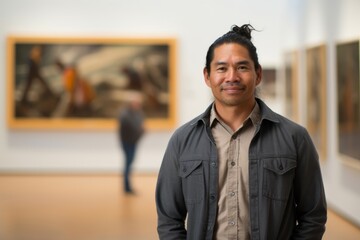 Photograph a modern Indigenous man, aged 40, dressed in a button-down shirt and khaki pants, standing in front of a contemporary art gallery