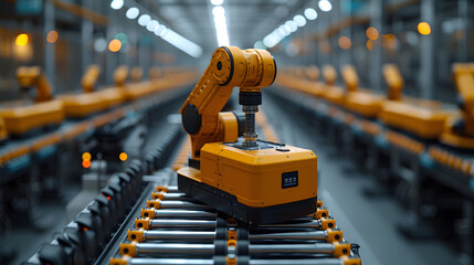 Cutting-Edge Robot Process Automation Revolution Industry. Futuristic Machinery on Assembly Line Mechanical Innovation. Automated Robotic System, Manufacturing Efficiency, Production Belt Operation.