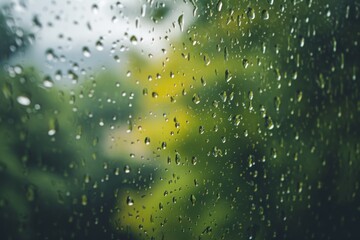 Raindrop On Windowpane With Blurred Forest Backdrop And Rainy Landscape