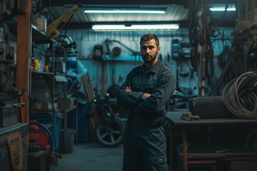 Skilled Male Auto Mechanic Poses Confidently In His Bustling Repair Shop