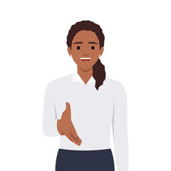A woman holding her hand with a handshake taken in the studio. Flat vector illustration isolated on white background