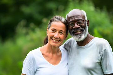 senior heterosexual diverse couple in beautiful summer nature