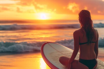 Fototapeta na wymiar Woman Surfer Admiring Beach Sunset, Capturing The Essence Of Summer