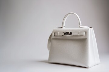 Easily Editable White Leather Handbag On White Surface