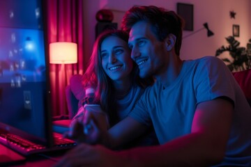 Cheerful young white couple having fun watching online movie on streaming service on computer at home, laughing and enjoying time together. Happiness, love, relationships goals. Weekend activities