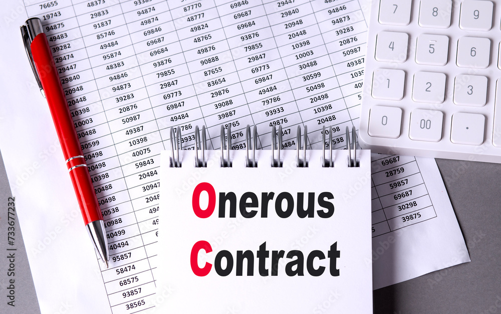 Aufkleber onerous contract text on notebook with pen, calculator and chart on grey background