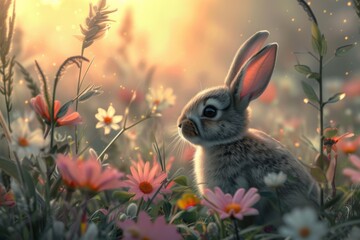 Enchanting Spring Meadow With Adorable Bunny Amidst Blooming Flowers