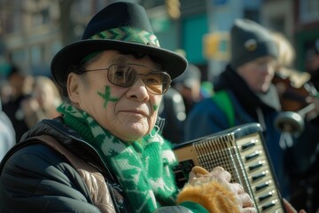 St Patricks Day accordion player in a green hat and scarf celebrates with an accordion