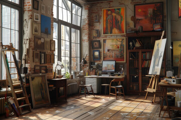 Cozy vintage artist studio bathed in warm sunlight with an array of art supplies and charming decor.
