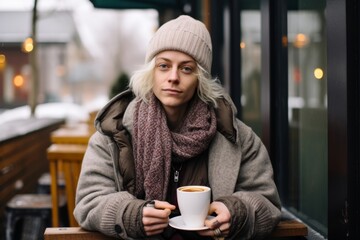 A non-binary person, approximately 38 years old, of Scandinavian heritage, dressed in layers of cozy knitwear and wearing a beanie, their expression content as they sip coffee outside a quaint café 