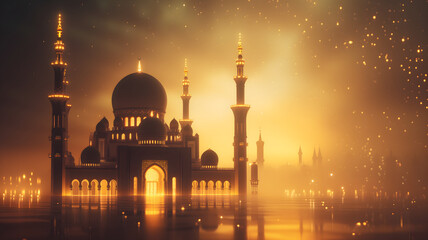 Naklejka premium Ramadan mosque at golden dusk background, neural network generated image