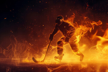 Ice hockey player in motion with flames all around on the ice rink