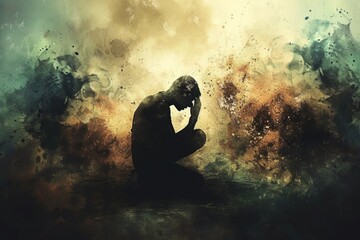 Amidst Chaos, Man Finds Solace In Prayer, Grounding Himself In Faith - obrazy, fototapety, plakaty