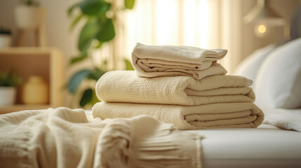The pile of clean beige towels on the table in the bed
