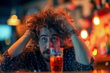 Nervous Individual With Messy Hair, Grasping A Cocktail Glass With Trembling Hands