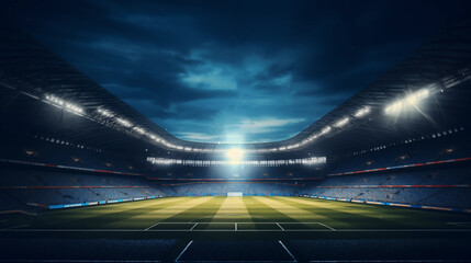 Soccer stadium at night with bright spotlights, ready for match. 3D rendering.
