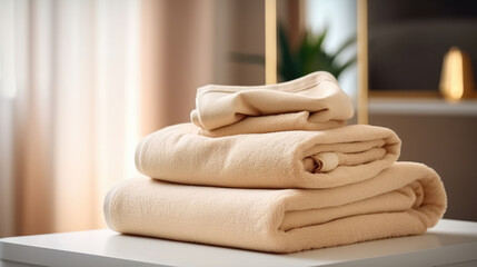 The pile of clean beige towels on the table in the bed