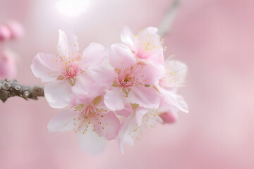 Obraz premium Flower branch with white petals and yellow stamen on twig. Pink neat flowers on branches of cherry tree.