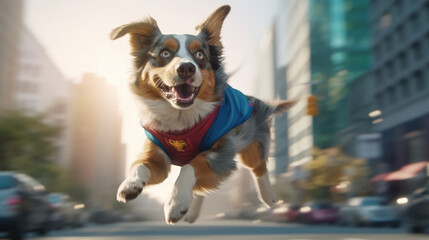 A superhero dog in a blue cape flies in the middle of the city