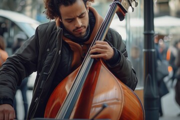 Soulful Street Serenade: Afro-American Musician Playing Double Bass