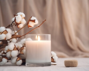 Table with cotton flower and aroma candles near bright wall background