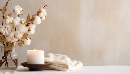 Obraz na płótnie Canvas Table with cotton flower and aroma candles near bright wall background
