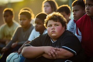 Fototapeta premium Photograph an obese boy, 10 years old, of Caucasian ethnicity, sitting on the sidelines during a soccer game, watching her friends play