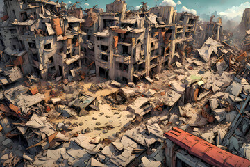 City in ruins after a devastating earthquake, with fallen skyscrapers, crumbled buildings, collapsed stones and rubble littering the streets. Destruction and desolation in an urban war. Comic art.