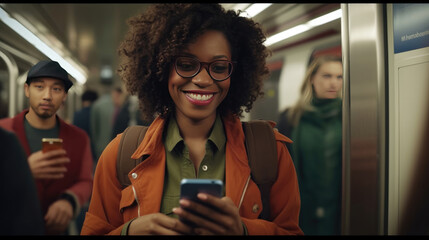 A woman on the subway smiles and plays with her smartphone