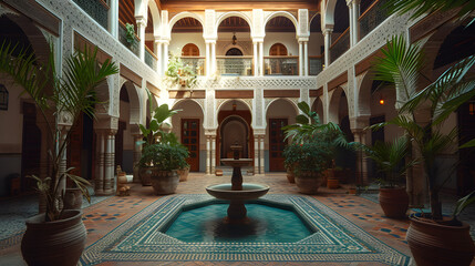 Obraz premium A Moroccan pool is surrounded by potted plants and a fountain in the middle. The room has arches and a high ceiling.