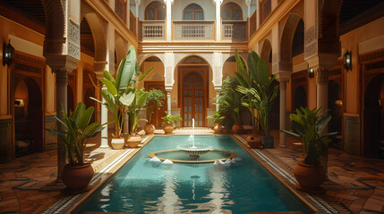 Obraz na płótnie Canvas A Moroccan pool is surrounded by potted plants and a fountain in the middle. The room has arches and a high ceiling.