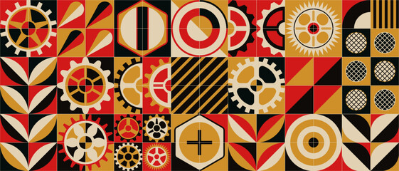 Abstract techno jagged background with geometric colorful cogwheels. Industrial mosaic pattern. Engineering mechanisms as a flower arrangement. A small set. Surrealism in red and yellow tones