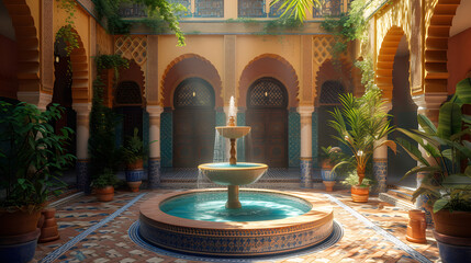 Fototapeta na wymiar A Moroccan pool is surrounded by potted plants and a fountain in the middle. The room has arches and a high ceiling.