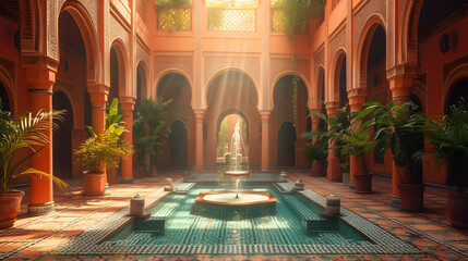 Obraz premium A Moroccan pool is surrounded by potted plants and a fountain in the middle. The room has arches and a high ceiling.