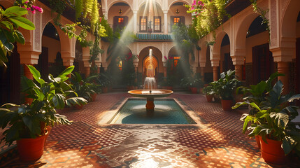 A Moroccan pool is surrounded by potted plants and a fountain in the middle. The room has arches and a high ceiling.