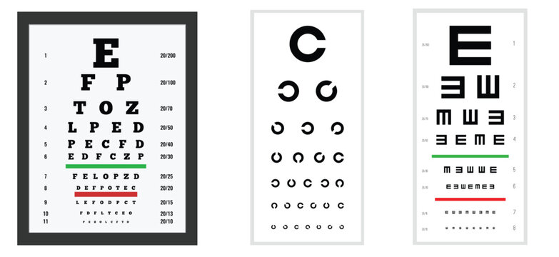 Creative vector illustration of eyes test charts. Art design medical poster with sign.