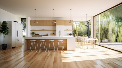 Kitchen interior in beautiful new luxury home in bright modern minimal style