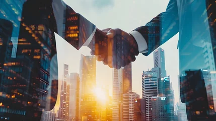 Foto op Canvas Double exposure of two businessman, handshake for investment deal during night cityscape, skyscrapers background.  © Almultazam