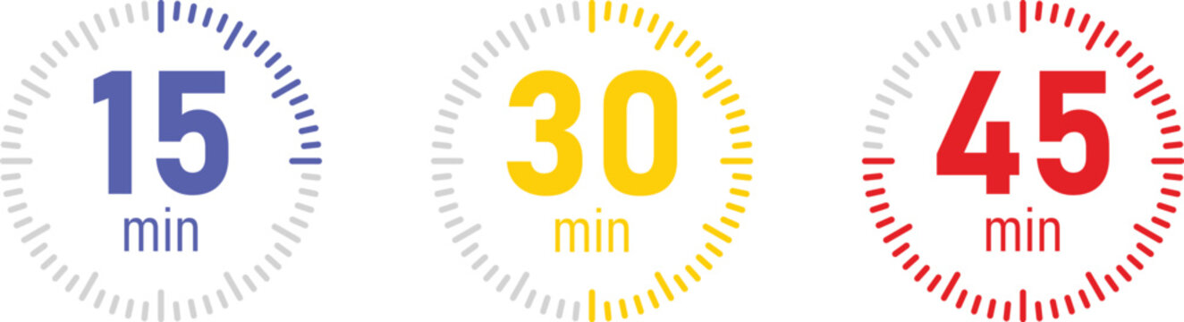 The 15, 30 and 45 minutes, stopwatch vector icon. Stopwatch icon in blue, yellow and red flat style, 15, 30, 45 minutes timer on on color background. Vector illustration