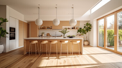 Kitchen interior in beautiful new luxury home in bright modern minimal style